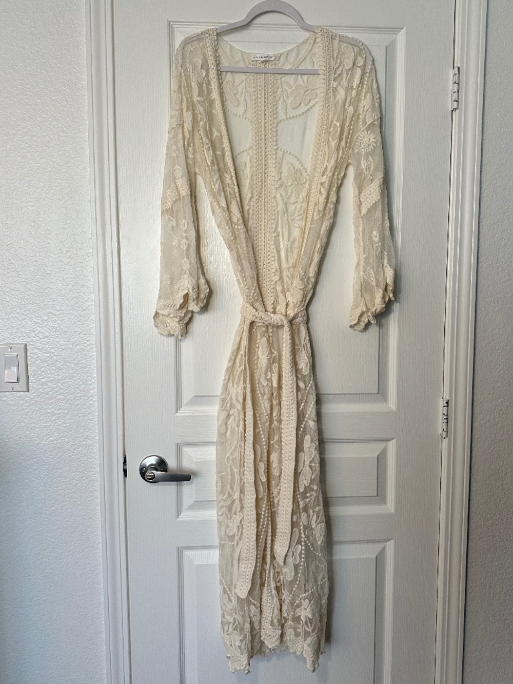 coco + jaimeson ivory white lace bell sleeve bridal boho floor length cover/robe